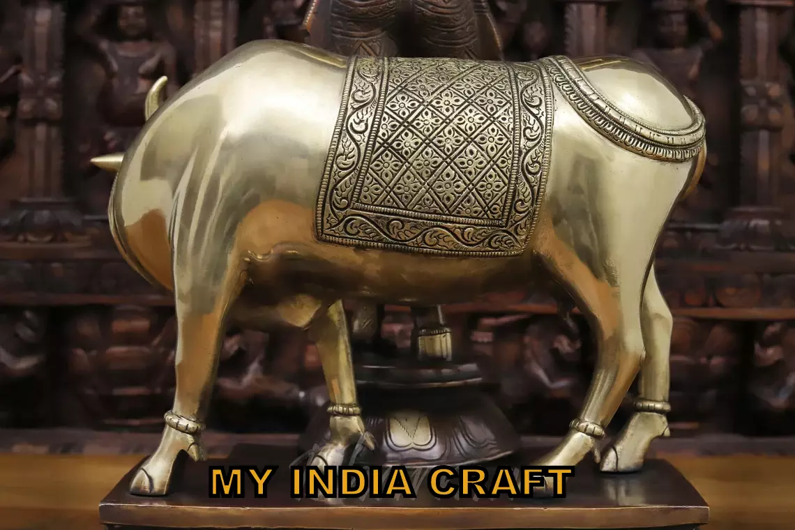 26" Krishna Statue with cow in brass