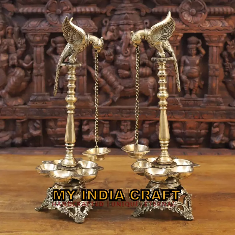 20.5" Parrot brass oil lamp diya (set of 2)