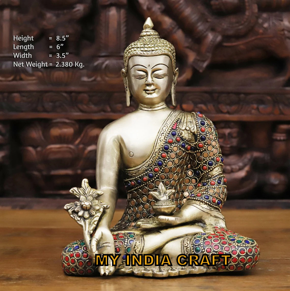 8.5" Buddha statue brass