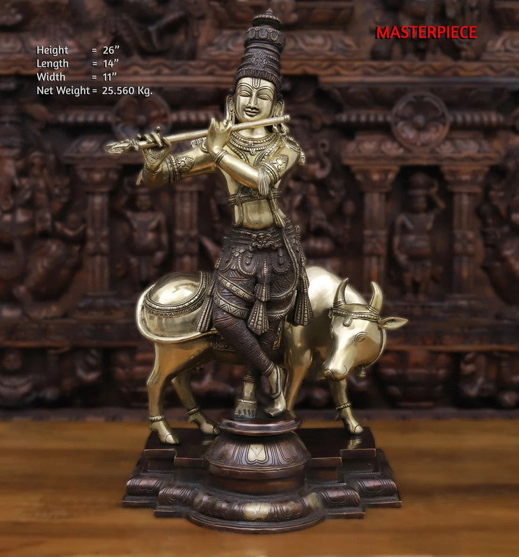 26 Krishna Statue with cow in brass