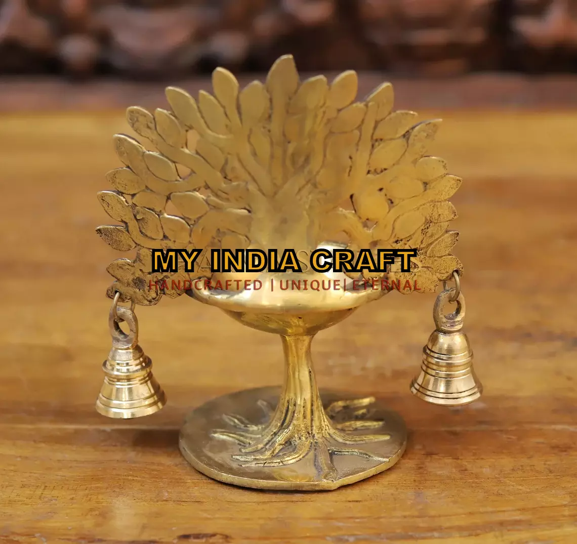 7.5" Brass Diya with kalpvruksh and bell (set of 2)