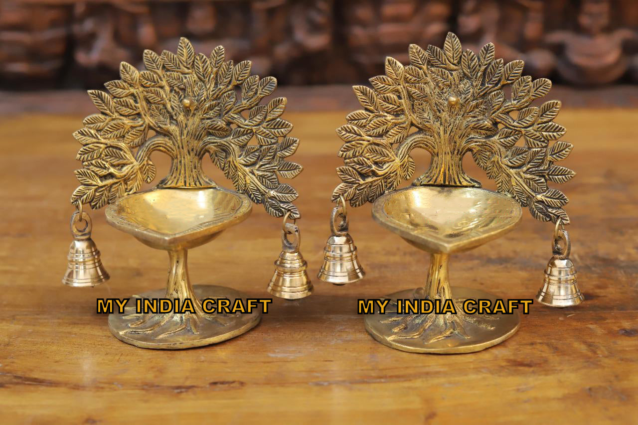 7.5" Brass Diya with kalpvruksh and bell (set of 2)
