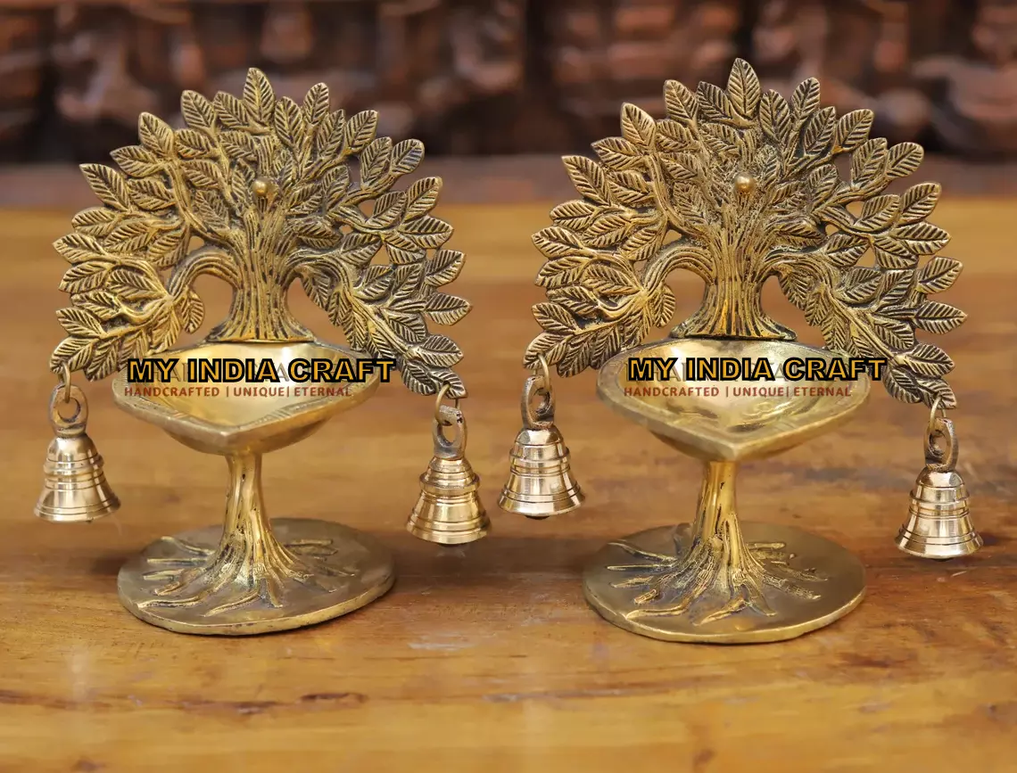7.5" Brass Diya with kalpvruksh and bell (set of 2)