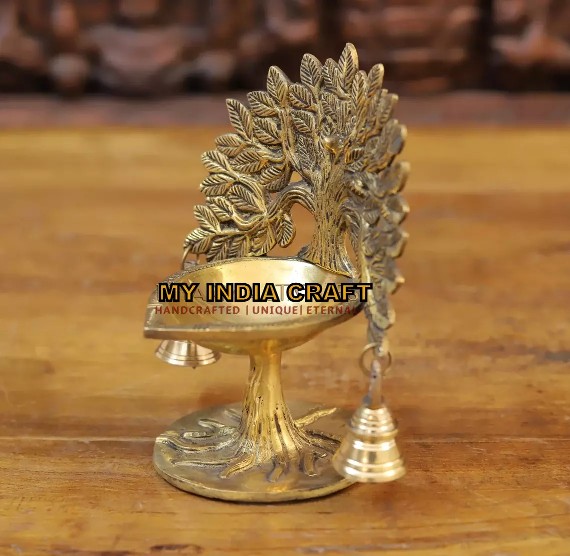 7.5" Brass Diya with kalpvruksh and bell (set of 2)