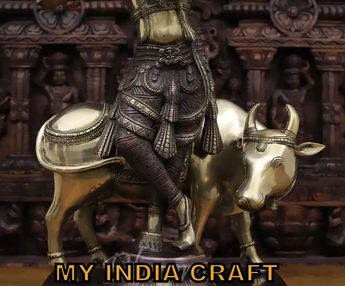 26" Krishna Statue with cow in brass antique