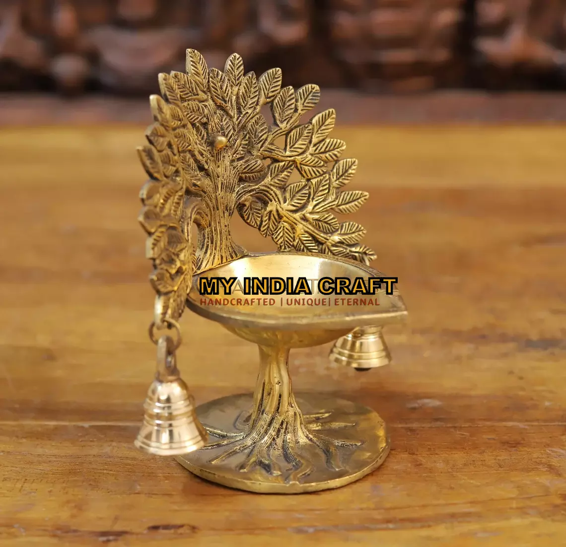 7.5" Brass Diya with kalpvruksh and bell (set of 2)