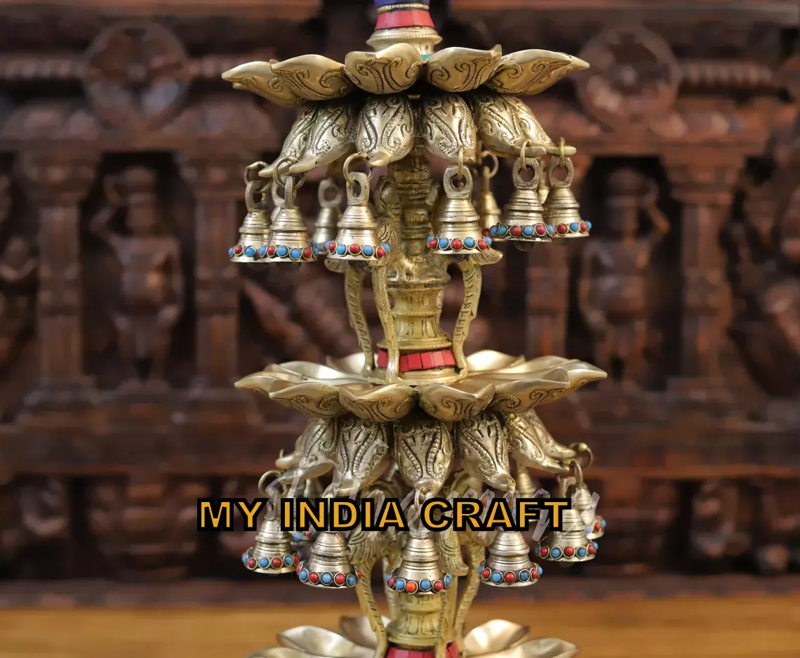 28.5" Brass Peacock lotus diya with bells