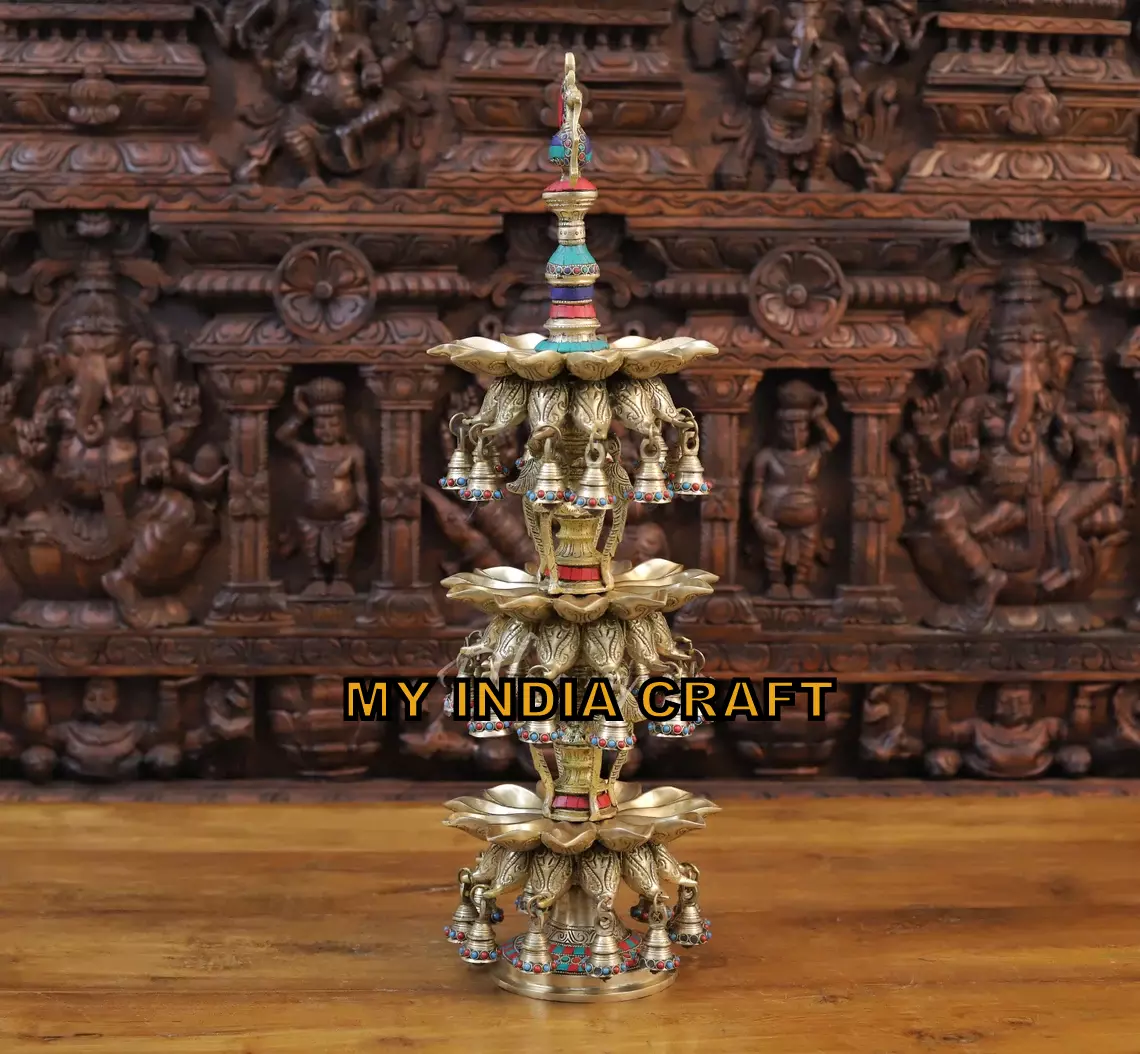 28.5" Brass Peacock lotus diya with bells