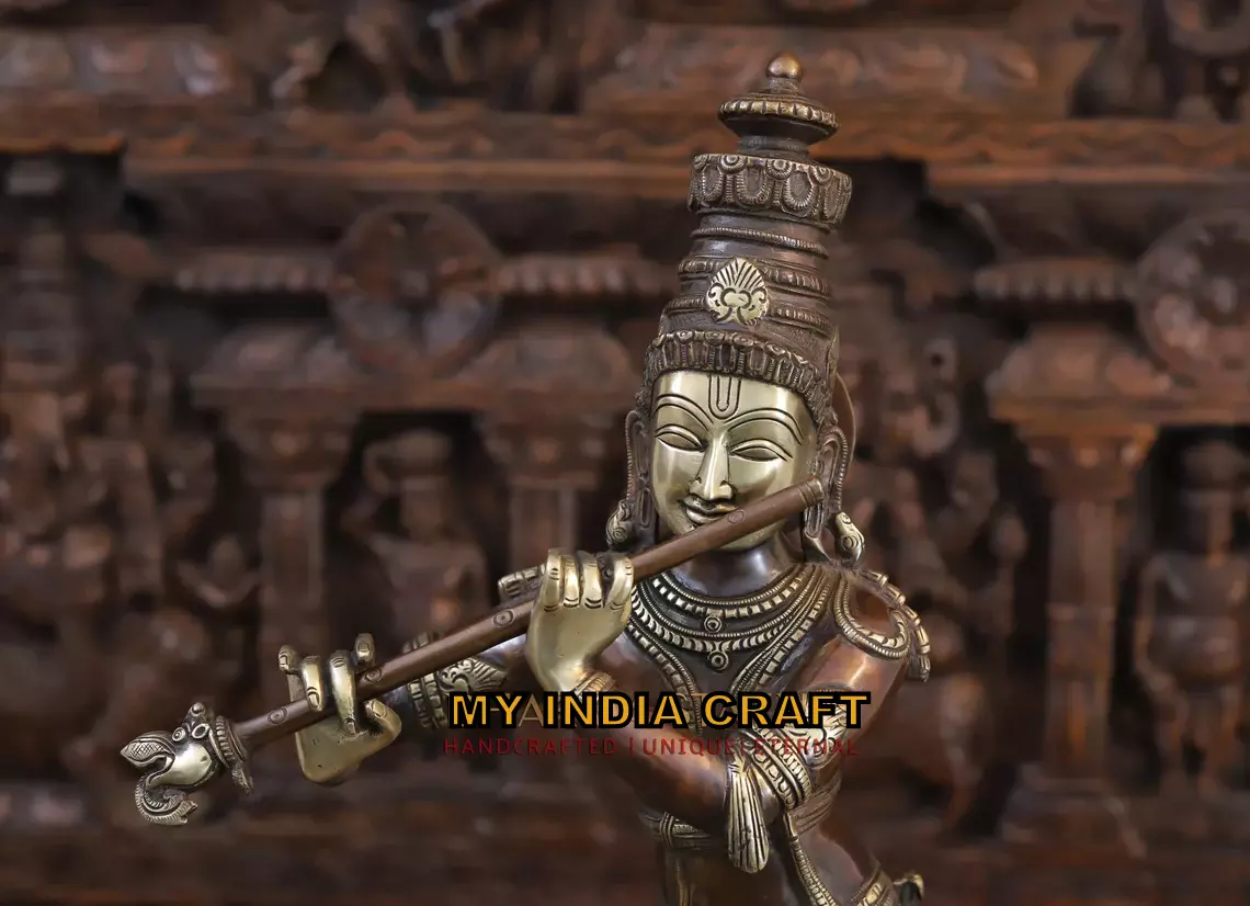 26" Brass Krishna with cow