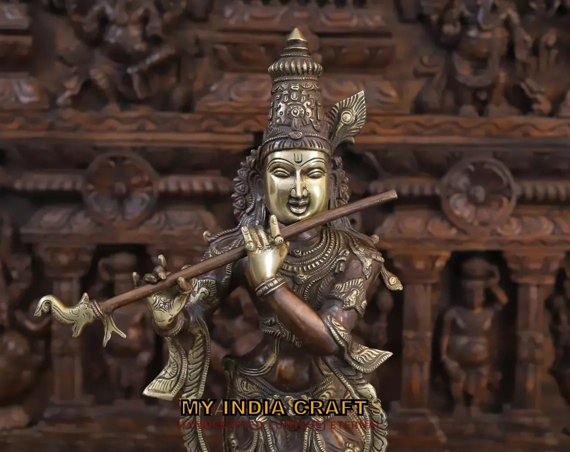 28" Krishna Statue In Brass Antique