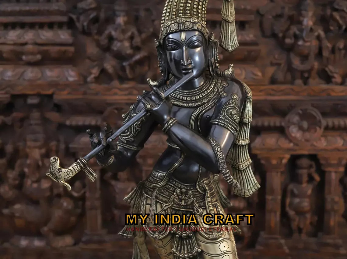 35" Black Krishna Statue in brass