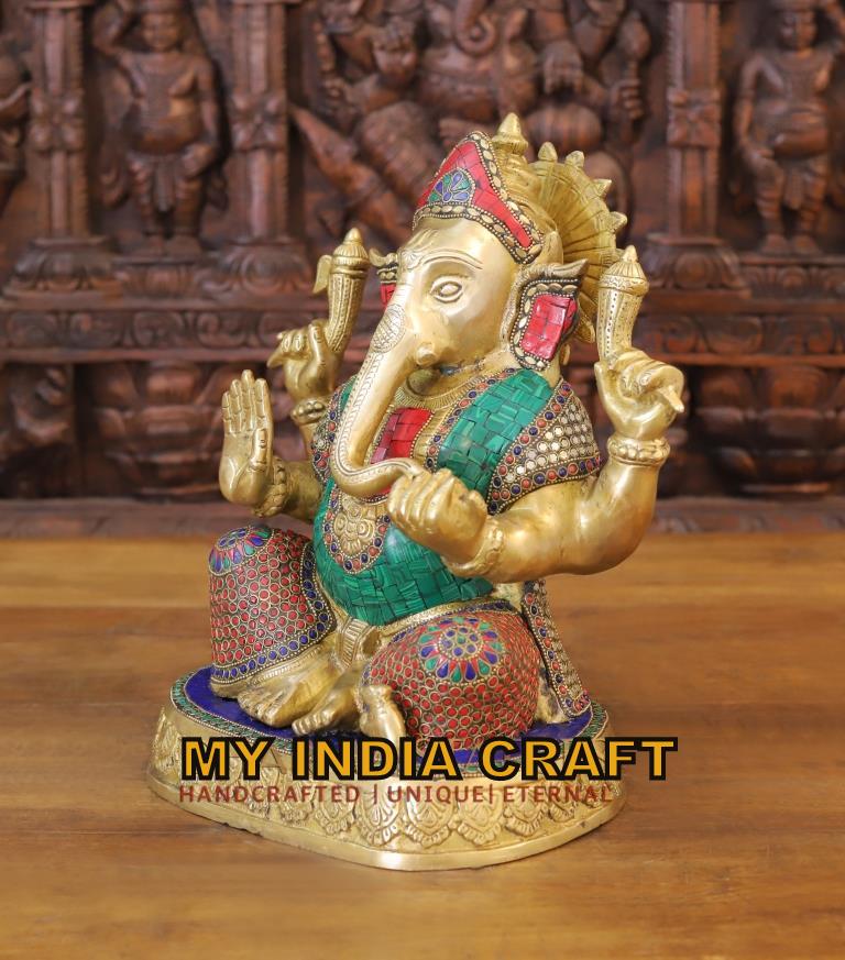 14" Ganpati idol inlay work in brass