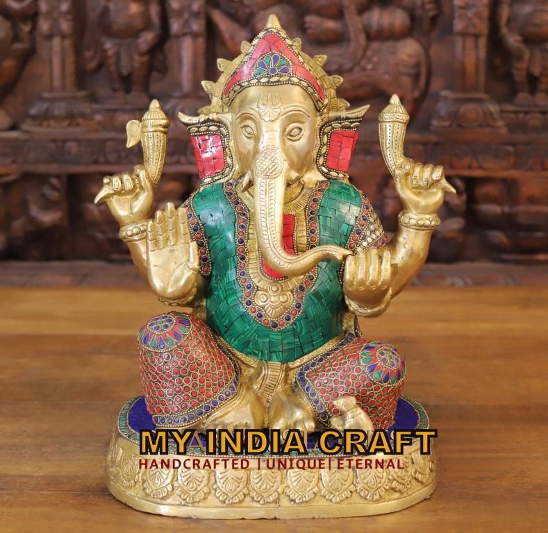 14" Ganpati idol inlay work in brass