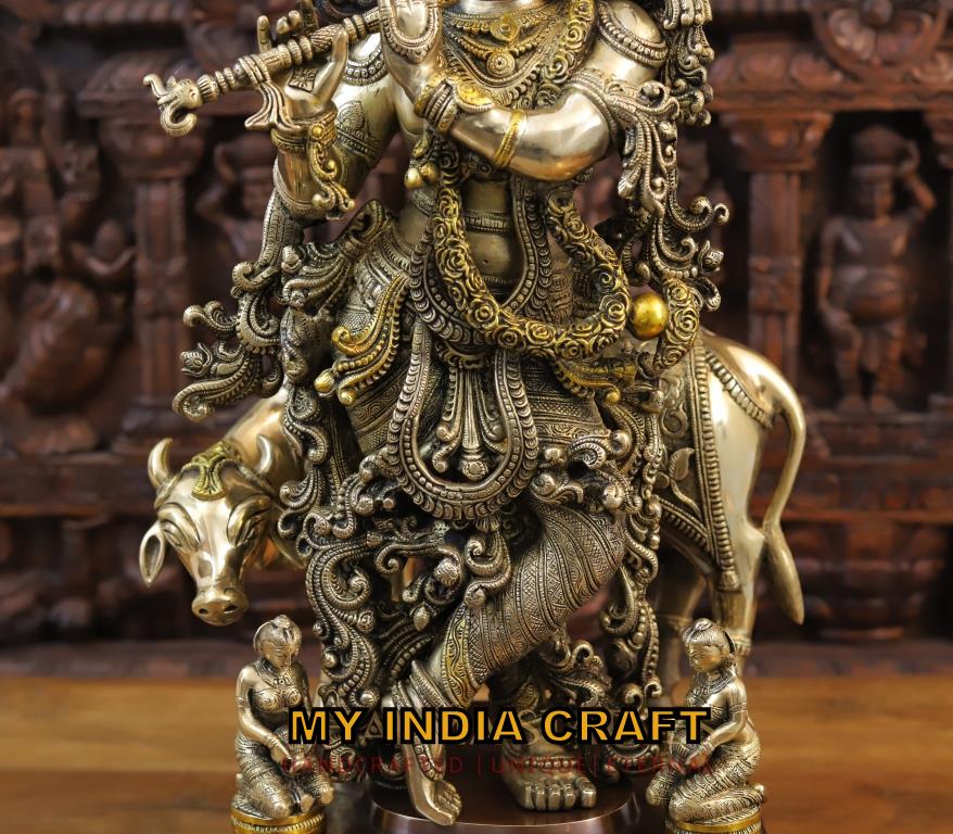 krishnaji with cow brass antique look