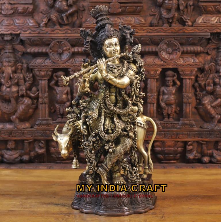 26" Krishna Cow Brass Antique Look