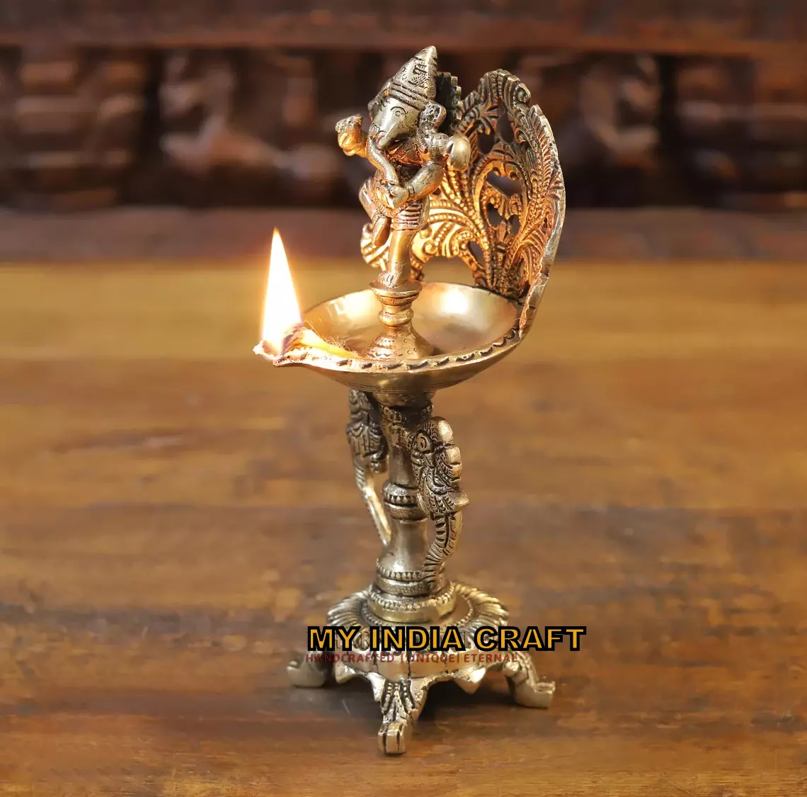 9.5" Brass diya with Ganesh