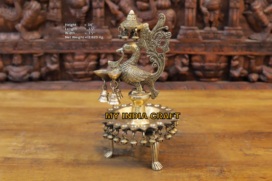 14" Peacock Diya with ghungroo stand