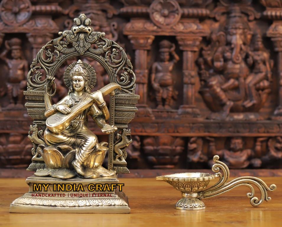 Saraswati brass statue for home office school entrance – Amba Handicraft
