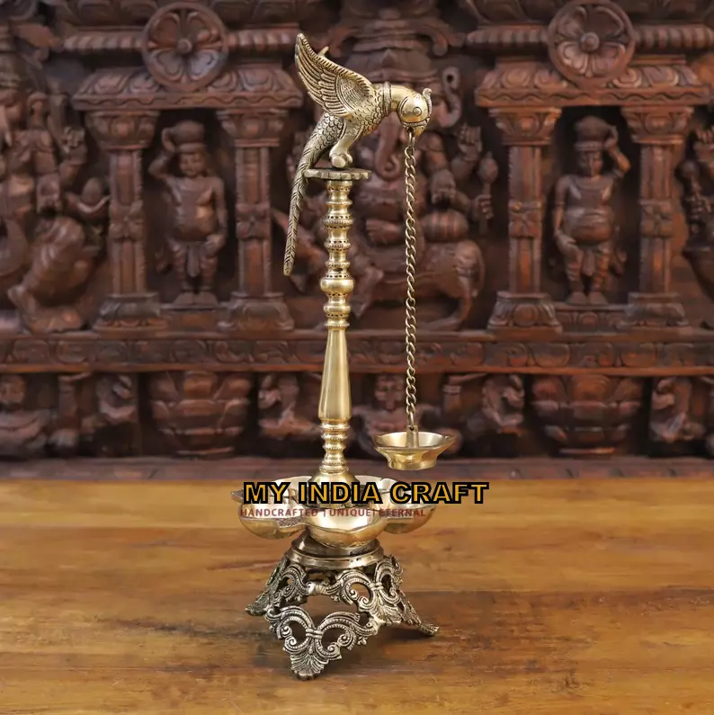 20.5" Parrot brass oil lamp diya (set of 2)