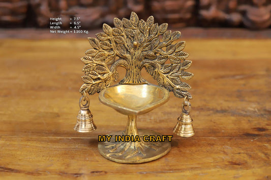 7.5" Brass Diya with kalpvruksh and bell (set of 2)