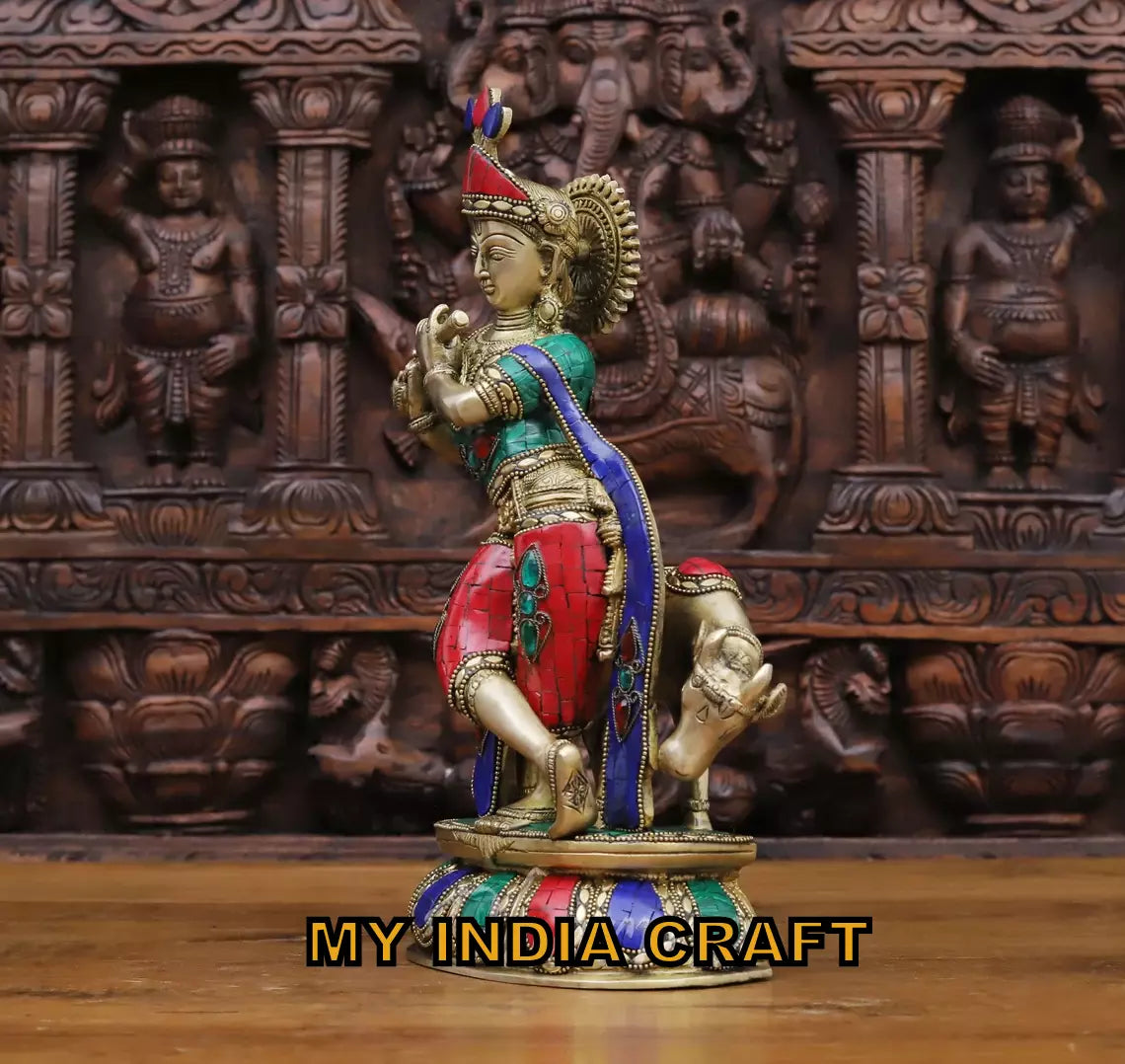 14" Krishna With Cow idol