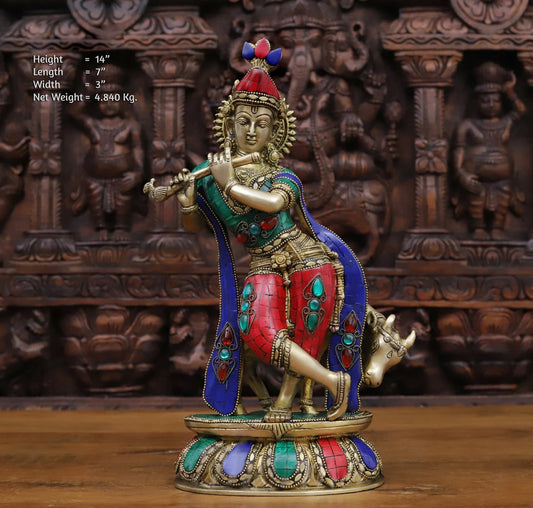 14" Krishna With Cow idol