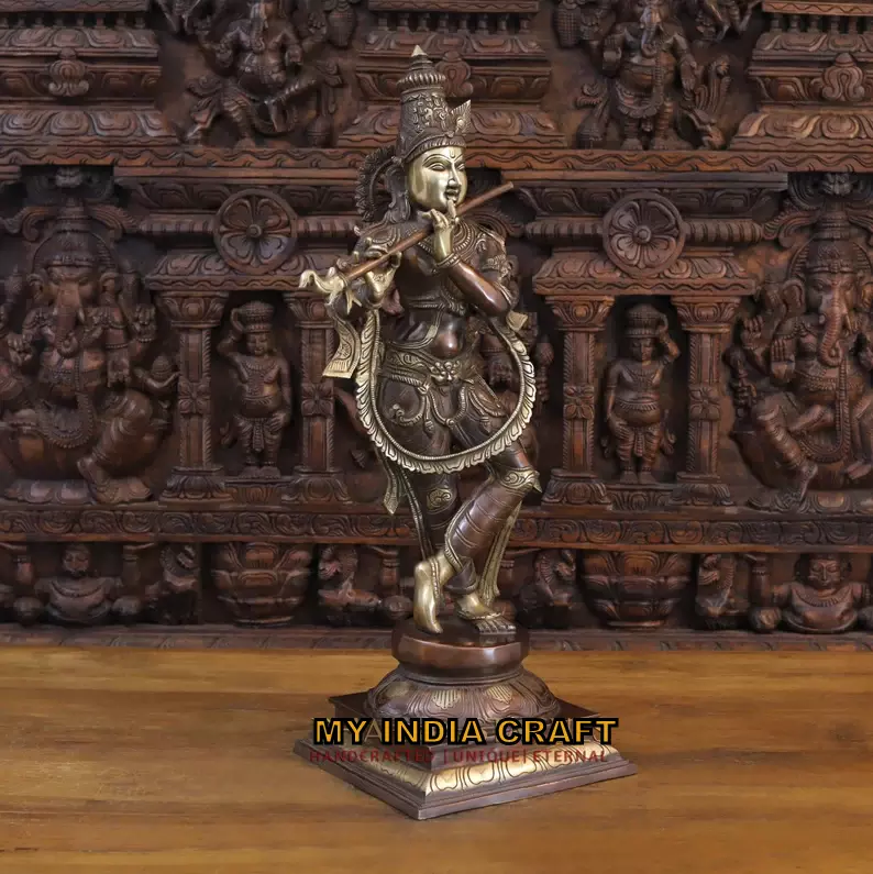 28" Krishna Statue In Brass Antique
