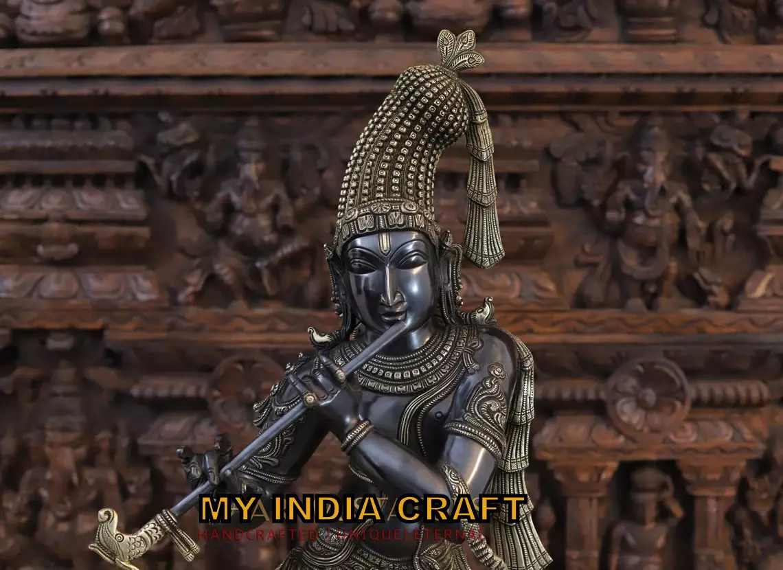 35" Black Krishna Statue in brass
