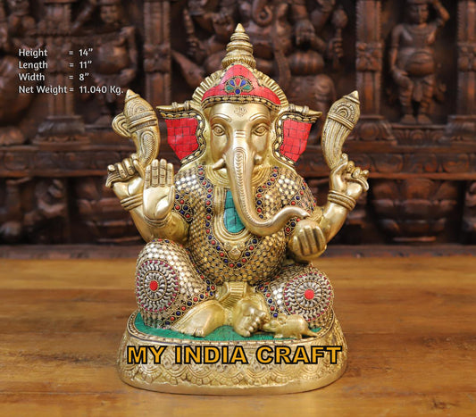 14" Ganpati idol inlay work in brass