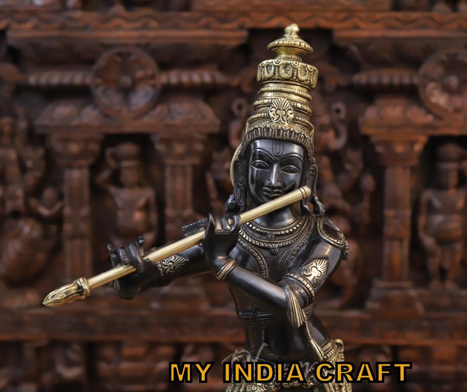 23" Black Krishna Idol in brass