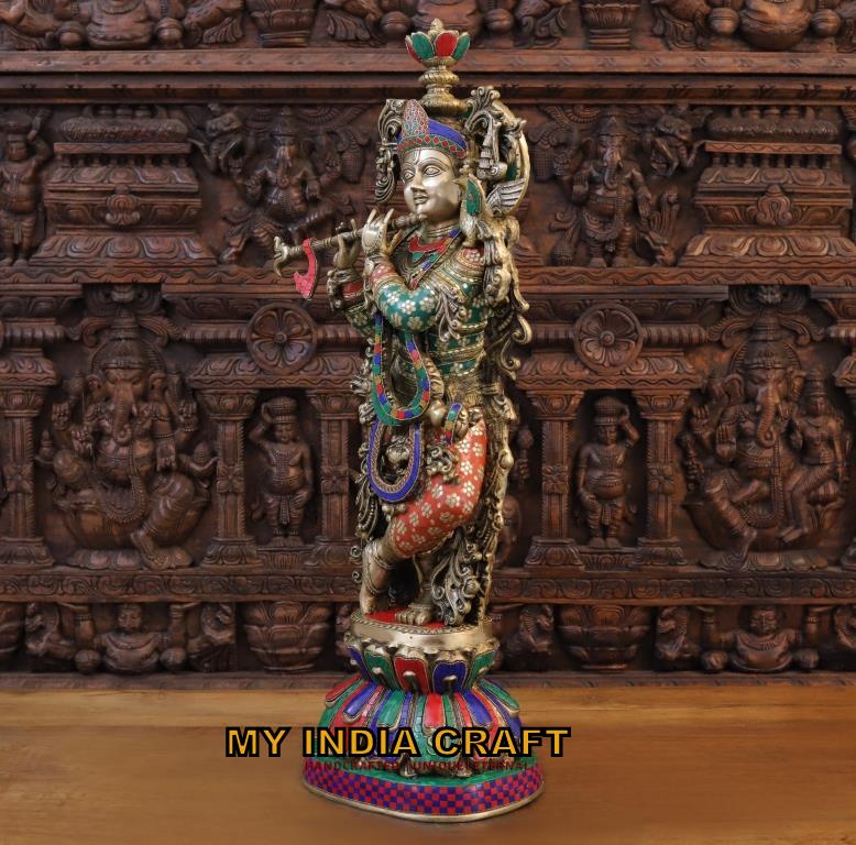 36.5" Krishna Idol Brass inlay work