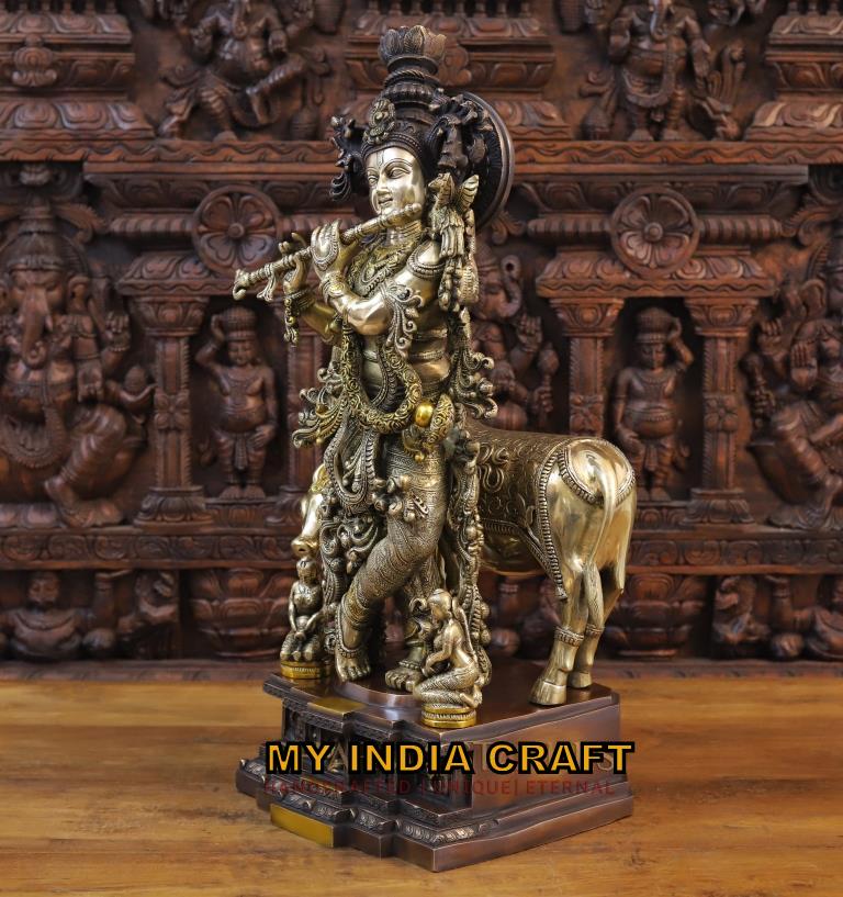 krishnaji with cow brass antique look